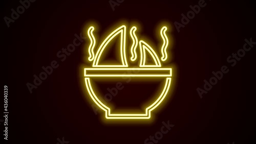Glowing neon line Shark fin soup icon isolated on black background. 4K Video motion graphic animation