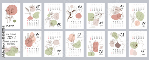 Calendar template for 2022. Vertical design with abstract floral patterns. Editable vector illustration, set of 12 months with cover. Week starts on Sunday