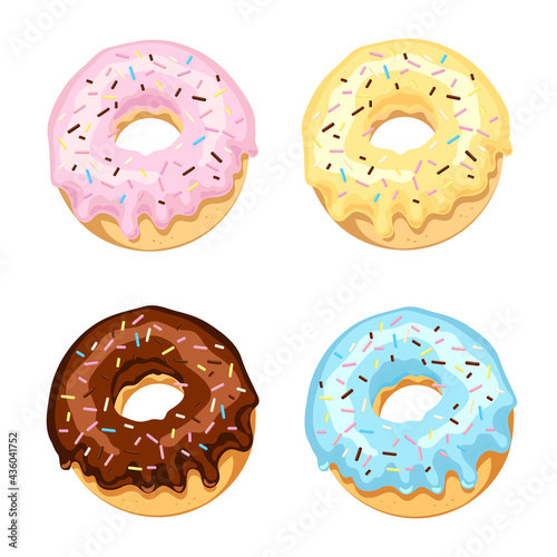 Set of colored donuts with sugar glaze and chocolate with multi-colored dusting. Vector illustration isolated on white background.