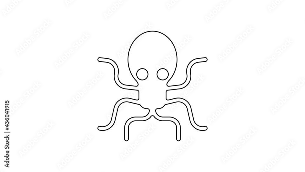 Black line Octopus icon isolated on white background. 4K Video motion graphic animation Black line Octopus icon isolated on white background. 4K Video motion graphic animation