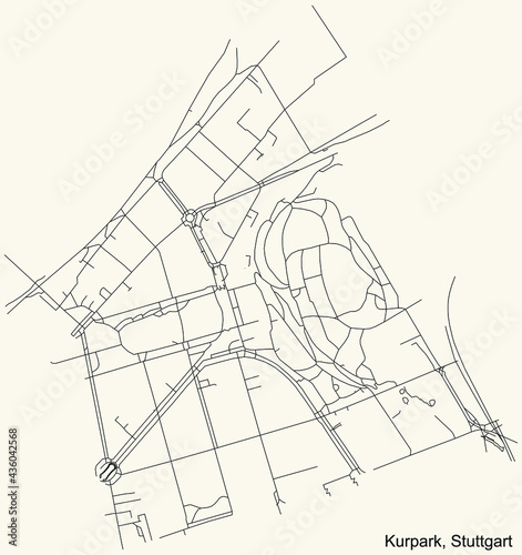 Black simple detailed street roads map on vintage beige background of the quarter Kurpark of district Bad Cannstatt of Stuttgart  Germany
