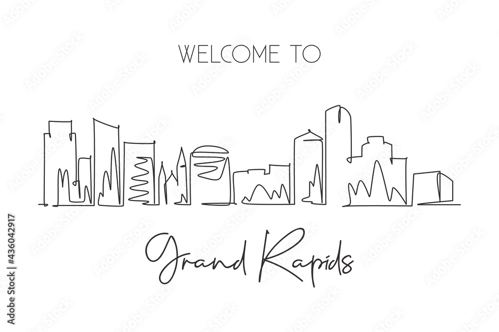 One single line drawing visit Grand Rapids city skyline, Michigan. World beauty town landscape. Best holiday destination. Editable stroke trendy continuous graphic line draw design vector illustration