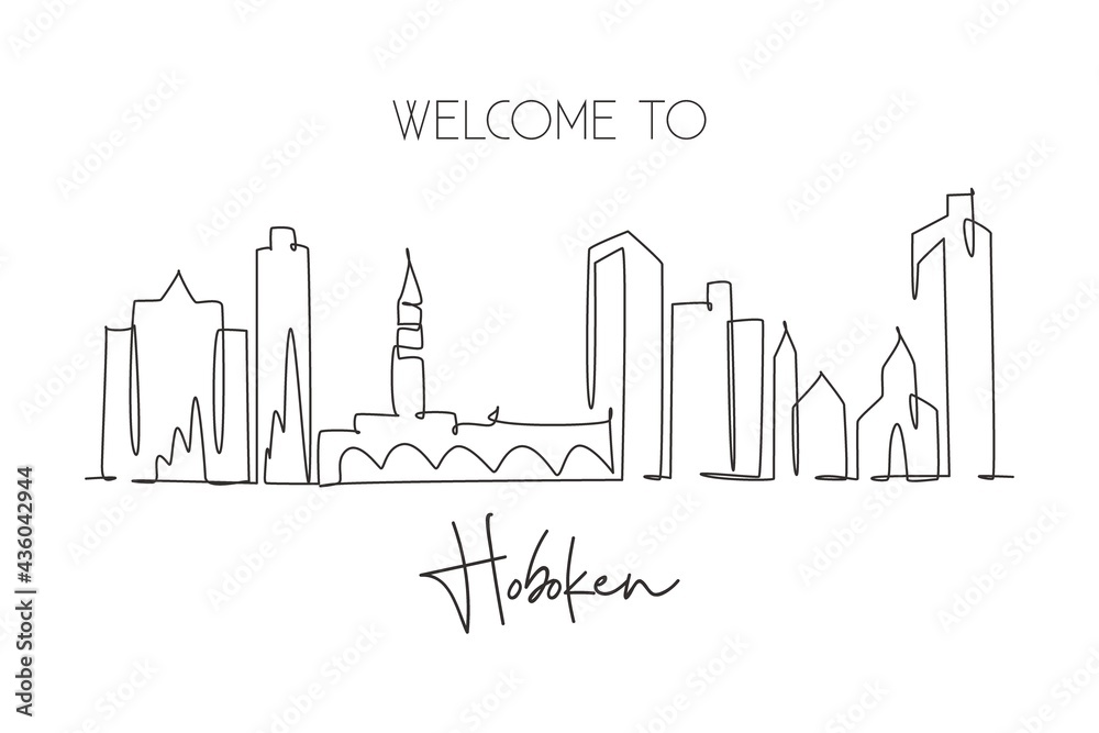 Single continuous line drawing Hoboken city skyline, New Jersey. Famous city scraper landscape. World travel home wall decor art poster print concept. Modern one line draw design vector illustration