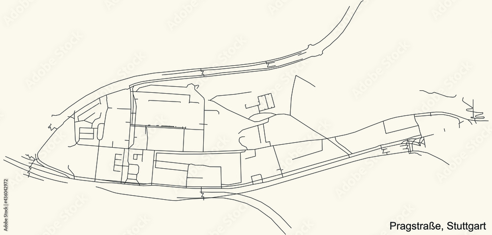 Obraz premium Black simple detailed street roads map on vintage beige background of the quarter Pragstraße of district Bad Cannstatt of Stuttgart, Germany