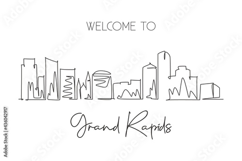 One single line drawing visit Grand Rapids city skyline  Michigan. World beauty town landscape. Best holiday destination. Editable stroke trendy continuous graphic line draw design vector illustration