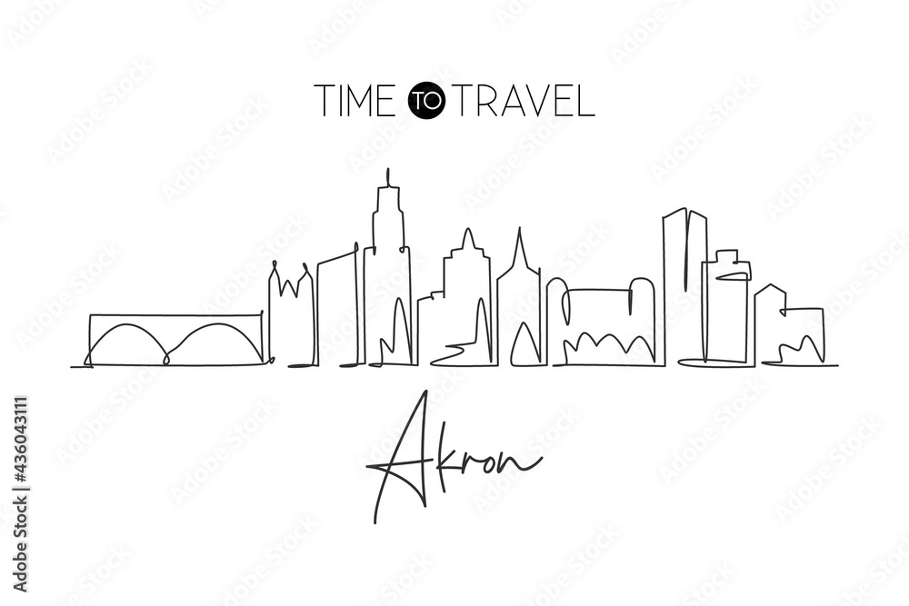 Single continuous line drawing Akron city skyline, Ohio. Famous city scraper landscape. World travel home wall decor art poster print concept. Modern one line draw design graphic vector illustration