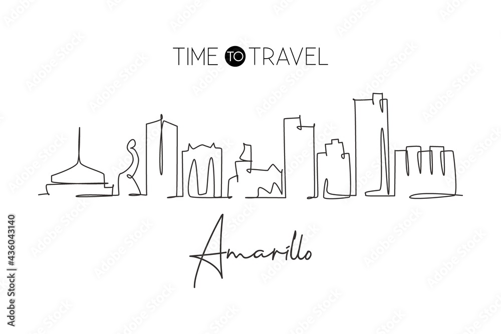 One continuous line drawing of Amarillo city skyline, Texas. Beautiful landmark. World landscape tourism travel wall decor poster, postcard. Stylish single line draw graphic design vector illustration