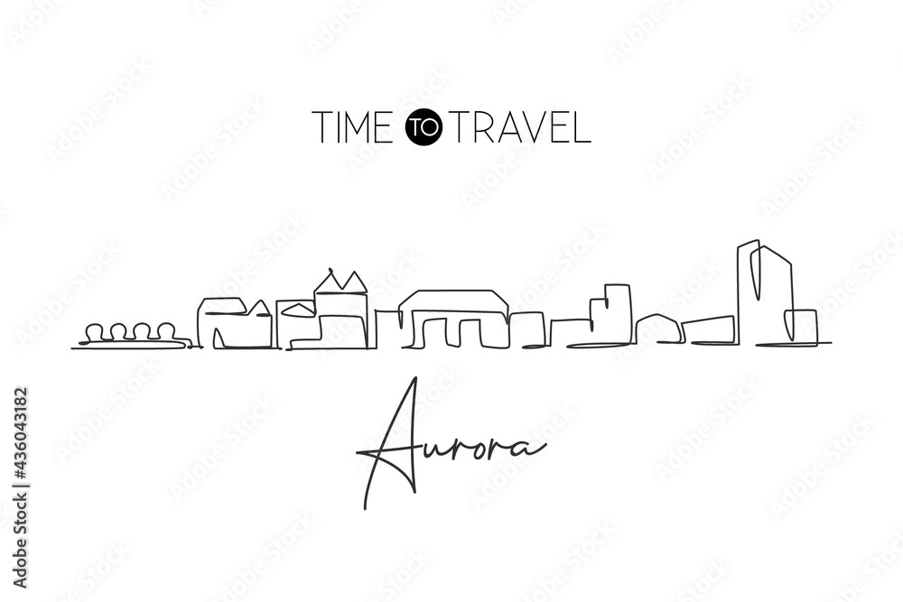 Naklejka premium One single line drawing visit Aurora city skyline, Colorado. World beauty town landscape art. Best holiday destination postcard. Editable stroke trendy continuous line draw design vector illustration