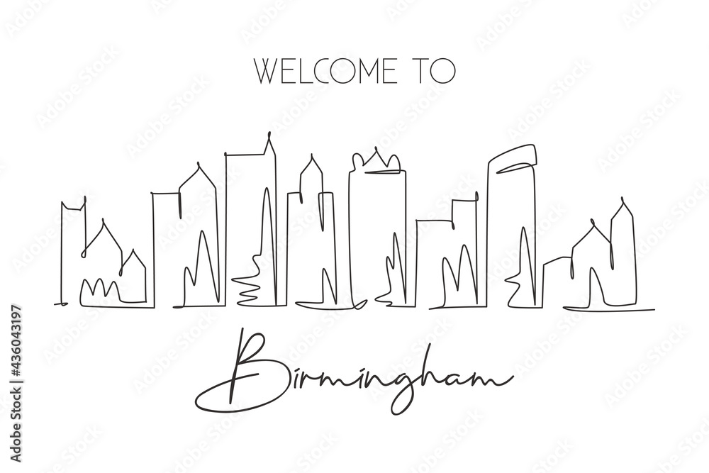One single line drawing visit Birmingham city skyline, Alabama. World beauty town landscape. Best holiday destination postcard. Editable stroke trendy continuous line draw design vector illustration
