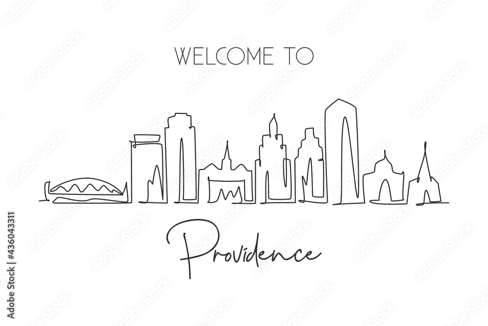 Single continuous line drawing Providence skyline, Rhode Island. Famous city scraper landscape. World travel home wall decor art poster print concept. Modern one line draw design vector illustration
