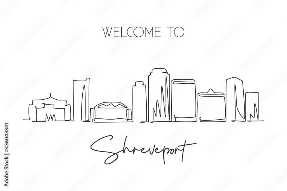 One single line drawing Shreveport city skyline, Louisiana. World historical town landscape. Best holiday destination postcard. Editable stroke trendy continuous line draw design vector illustration