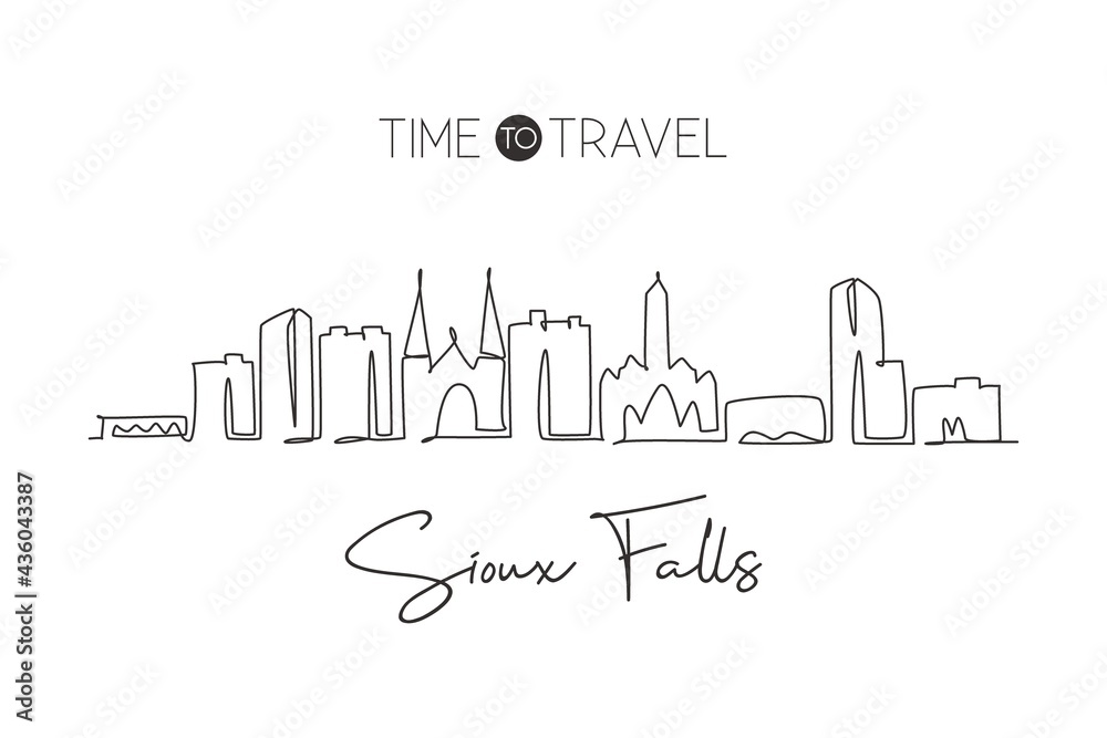 One single line drawing Sioux Falls city skyline, South Dakota. World historic town landscape. Best holiday destination postcard. Editable stroke trendy continuous line draw design vector illustration
