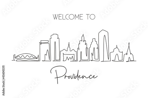 Single continuous line drawing Providence skyline  Rhode Island. Famous city scraper landscape. World travel home wall decor art poster print concept. Modern one line draw design vector illustration