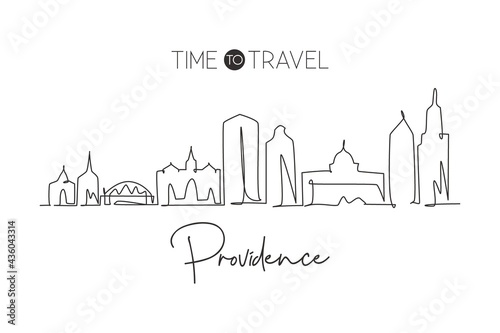 Single continuous line drawing Providence skyline, Rhode Island. Famous city scraper landscape. World travel home wall decor art poster print concept. Modern one line draw design vector illustration