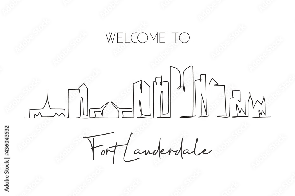 Single continuous line drawing Fort Lauderdale skyline, Florida. Famous city scraper landscape. World travel home wall decor art poster print concept. Modern one line draw design vector illustration