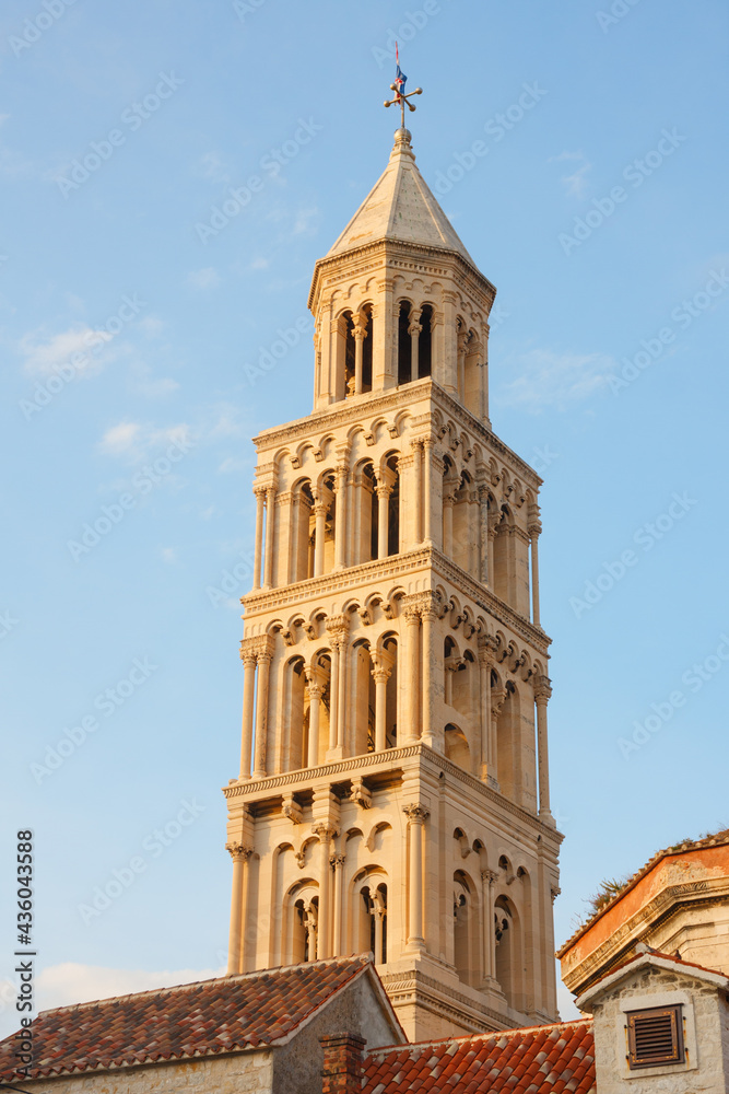 Bell tower of the Saint Domnius Cathedral during sunset, Split, Croatia