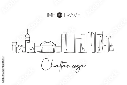 One continuous line drawing Chattanooga city skyline, Tennessee. Beautiful landmark. World landscape tourism travel home wall decor poster print. Stylish single line draw design vector illustration