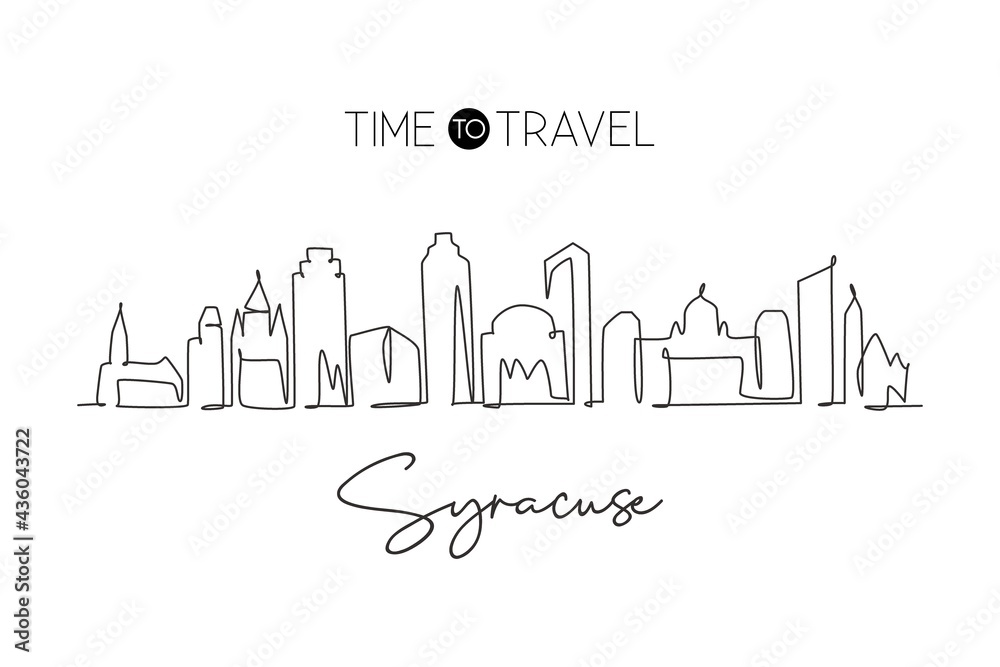 One single line drawing Syracuse city skyline New York State. World historical town landscape. Best holiday destination postcard. Editable stroke trendy continuous line draw design vector illustration