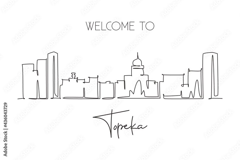 One continuous line drawing of Topeka city skyline, Kansas. Beautiful landmark. World landscape tourism travel home wall decor poster print. Stylish single line draw graphic design vector illustration