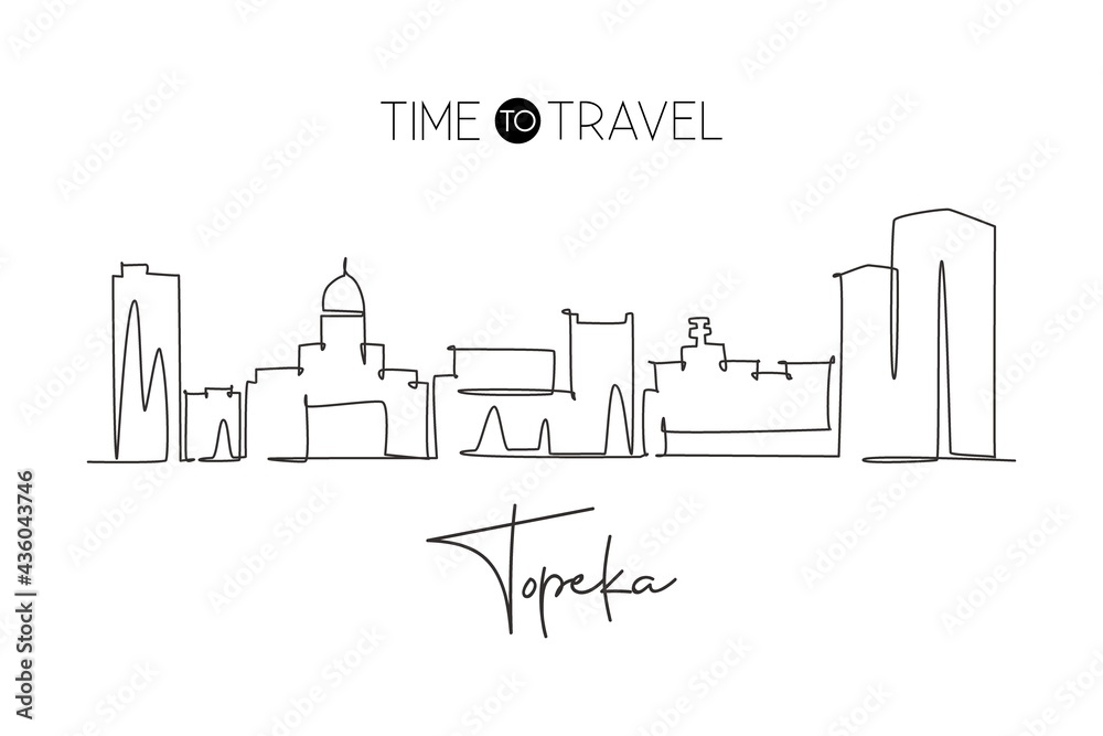 One single line drawing Topeka city skyline, Kansas. World historical town landscape. Best holiday destination postcard. Editable stroke trendy continuous line draw design graphic vector illustration