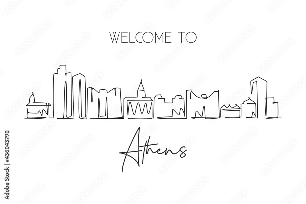 One continuous line drawing of Athens city skyline, Georgia. Beautiful landmark. World landscape tourism travel home wall decor poster print art. Stylish single line draw design vector illustration