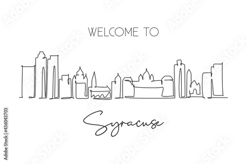 Single continuous line drawing Syracuse skyline, New York State. Famous city scraper landscape. World travel home wall decor art poster print concept. Modern one line draw design vector illustration photo