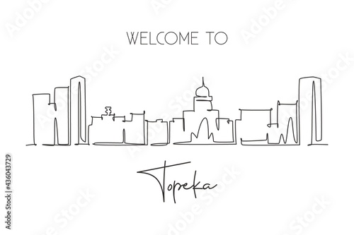 One continuous line drawing of Topeka city skyline, Kansas. Beautiful landmark. World landscape tourism travel home wall decor poster print. Stylish single line draw graphic design vector illustration