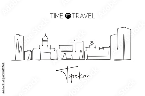 One single line drawing Topeka city skyline  Kansas. World historical town landscape. Best holiday destination postcard. Editable stroke trendy continuous line draw design graphic vector illustration
