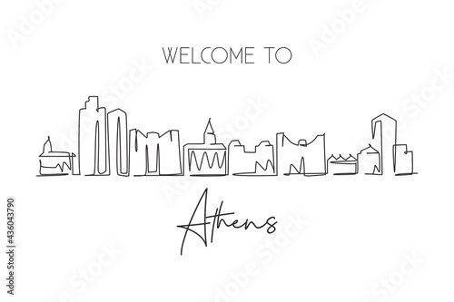 One continuous line drawing of Athens city skyline  Georgia. Beautiful landmark. World landscape tourism travel home wall decor poster print art. Stylish single line draw design vector illustration