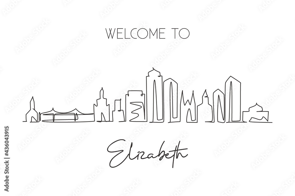 One single line drawing Elizabeth city skyline, New Jersey. World historical town landscape. Best holiday destination postcard. Editable stroke trendy continuous line draw design vector illustration