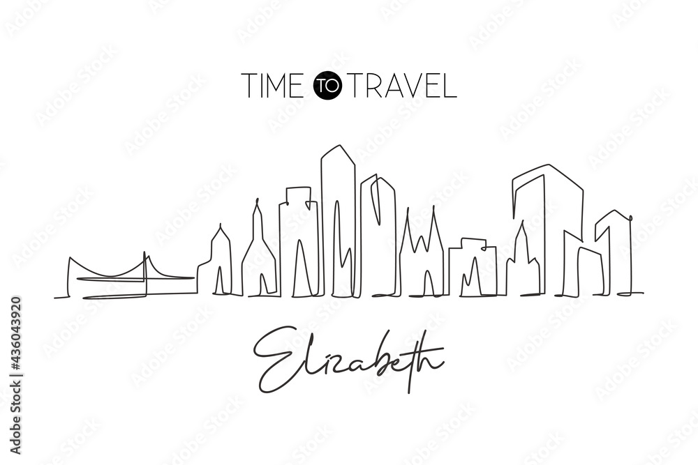 Single continuous line drawing of Elizabeth skyline, New Jersey. Famous city scraper landscape. World travel home wall decor art poster print concept. Modern one line draw design vector illustration