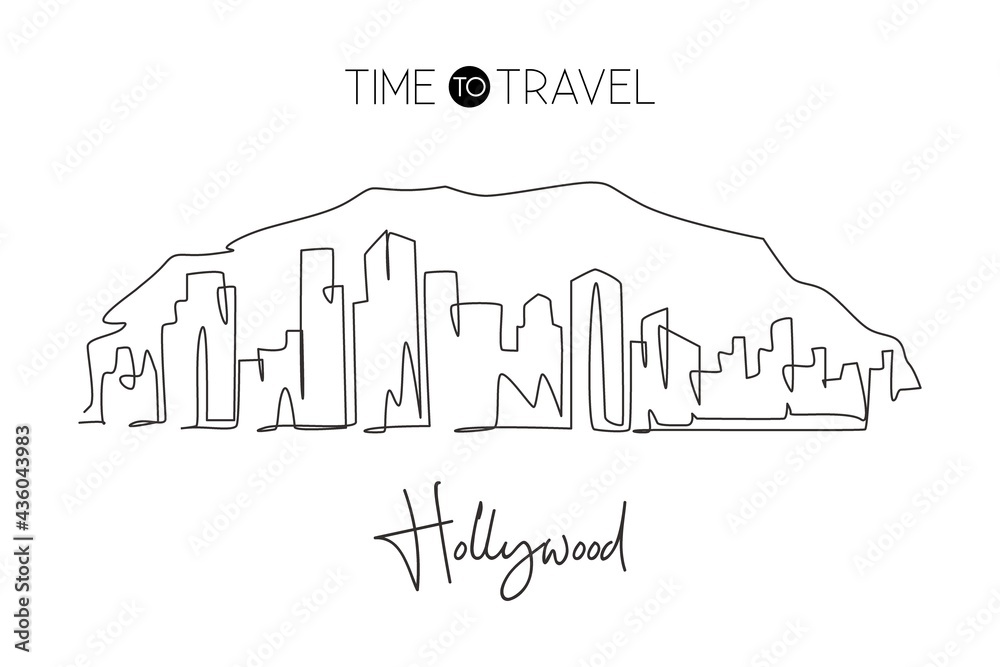 Single continuous line drawing of Hollywood skyline, Los Angeles. Famous city scraper landscape. World travel home wall decor art poster print concept. Modern one line draw design vector illustration