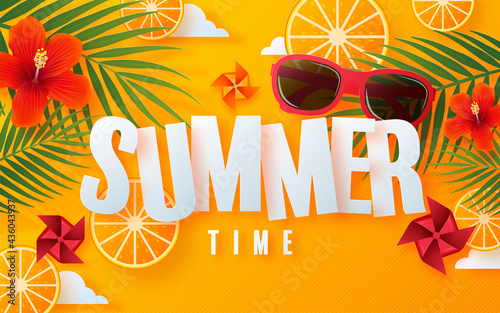 Summer time holiday vector design with beach,colorful tropical flowers heliconia rostrata,fruit,sea,nature,summer drink,under the sea,coral,flamingo,sun,sand,cocktail, paper cut style on background.