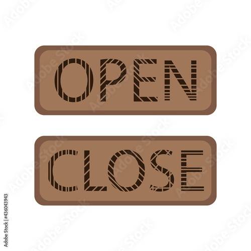 Wooden plate signboard open close vector flat graphic design illustration