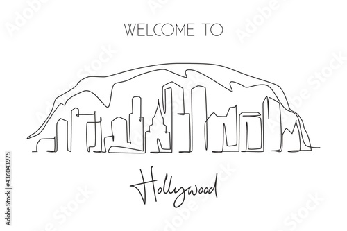 One continuous line drawing of Hollywood city skyline, Los Angeles. Beautiful landmark. World landscape tourism travel home wall decor poster print. Stylish single line draw design vector illustration