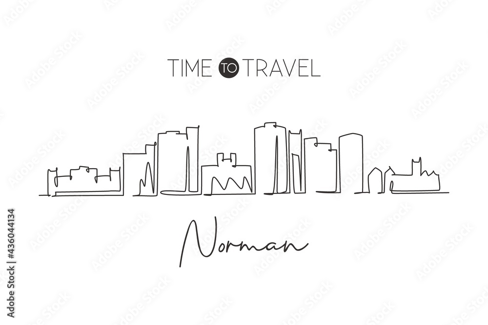 One single line drawing Norman city skyline, Oklahoma. World historical town landscape postcard print. Best holiday destination. Editable stroke trendy continuous line draw design vector illustration