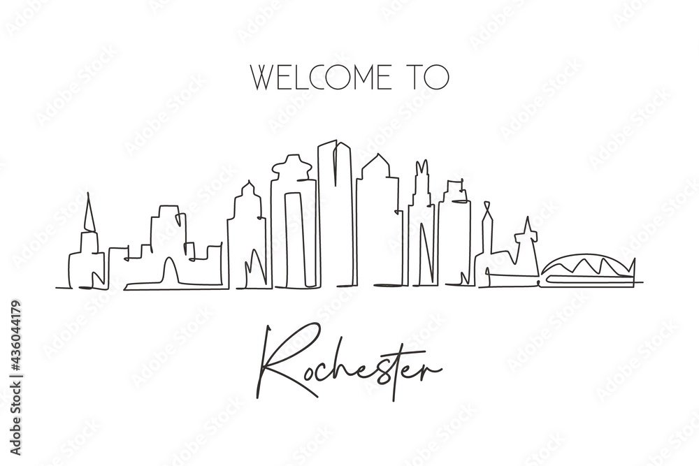 One continuous line drawing of Rochester city skyline, Minnesota. Beautiful landmark. World landscape tourism travel home wall decor poster print. Stylish single line draw design vector illustration
