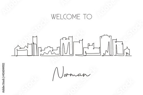 Single continuous line drawing of Norman city skyline  Oklahoma. Famous city scraper landscape. World travel home wall decor art poster print concept. Modern one line draw design vector illustration
