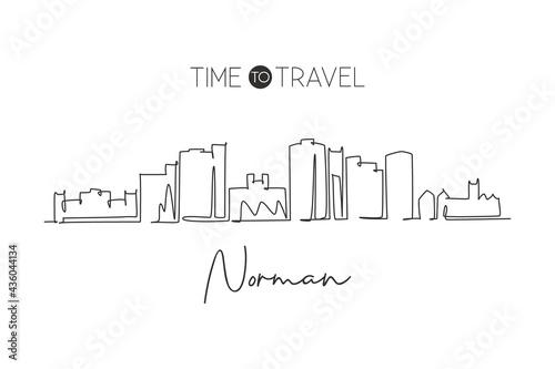 One single line drawing Norman city skyline  Oklahoma. World historical town landscape postcard print. Best holiday destination. Editable stroke trendy continuous line draw design vector illustration