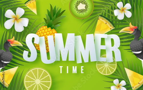 Summer time holiday vector design with beach,colorful tropical flowers heliconia rostrata,fruit,sea,nature,summer drink,under the sea,coral,flamingo,sun,sand,cocktail, paper cut style on background.