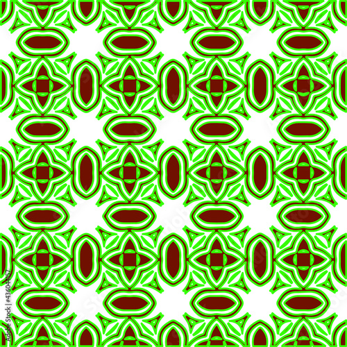 Geometric vector pattern with green and red colors. Seamless abstract ornament for wallpapers and backgrounds.