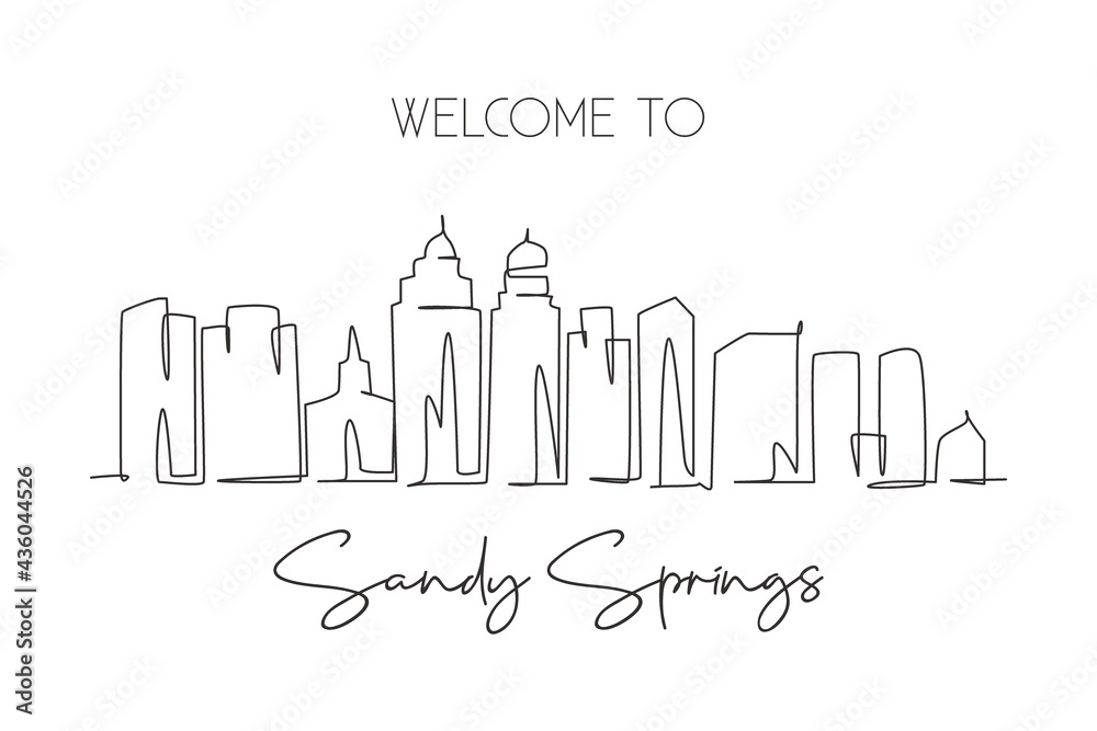 Single continuous line drawing Sandy Springs skyline, Georgia. Famous city scraper landscape. World travel home wall decor art poster print concept. Modern one line draw design vector illustration