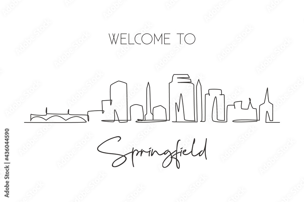 Single continuous line drawing Springfield skyline, Massachusetts. Famous city scraper landscape. World travel home wall decor art poster print concept. Modern one line draw design vector illustration Single continuous line drawing Springfield skyline, Massachusetts. Famous city scraper landscape. World travel home wall decor art poster print concept. Modern one line draw design vector illustration