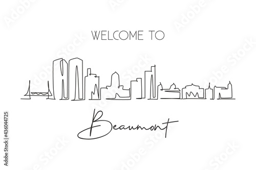 One continuous line drawing Beaumont city skyline  Texas. Beautiful landmark art sign. World landscape tourism travel home wall decor poster print. Stylish single line draw design vector illustration