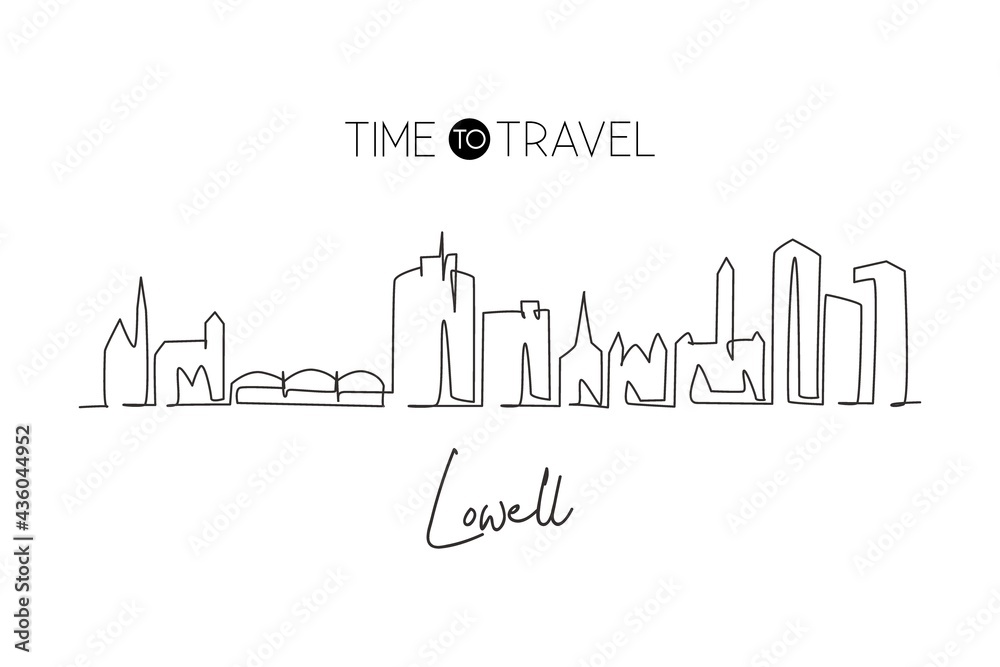 Single continuous line drawing of Lowell skyline, Massachusetts. Famous city scraper landscape. World travel home wall decor art poster print concept. Modern one line draw design vector illustration