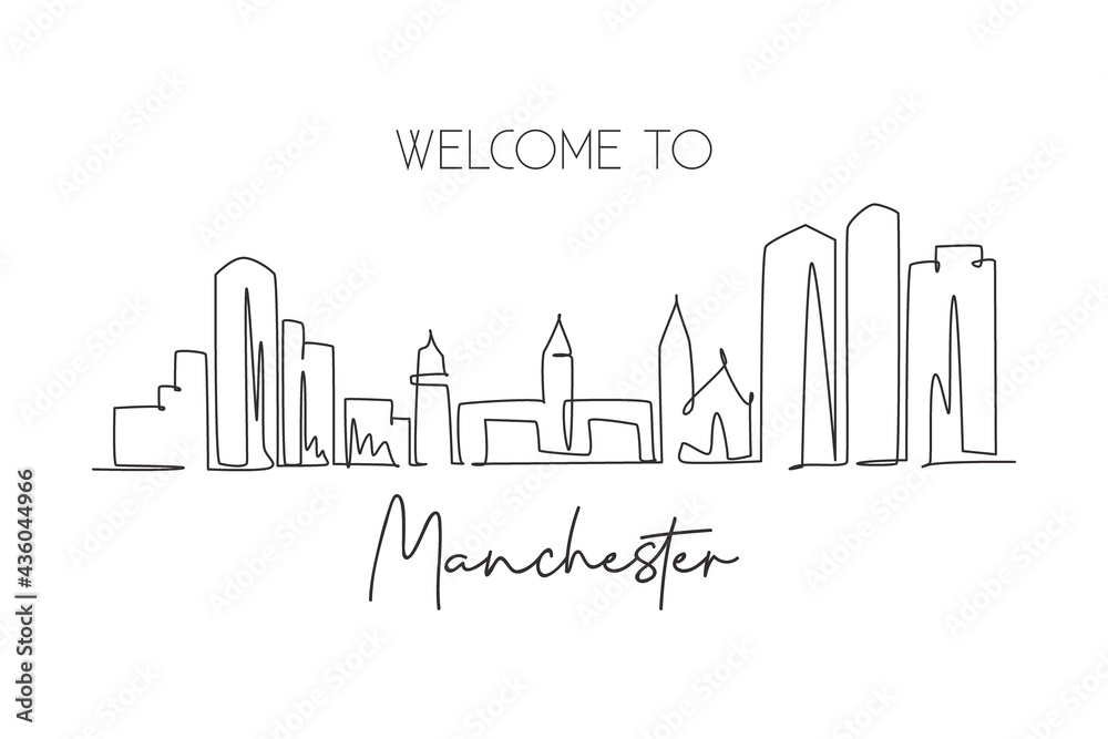 One single line drawing Manchester city skyline, New Hampshire. World historic town landscape. Best holiday destination postcard. Editable stroke trendy continuous line draw design vector illustration