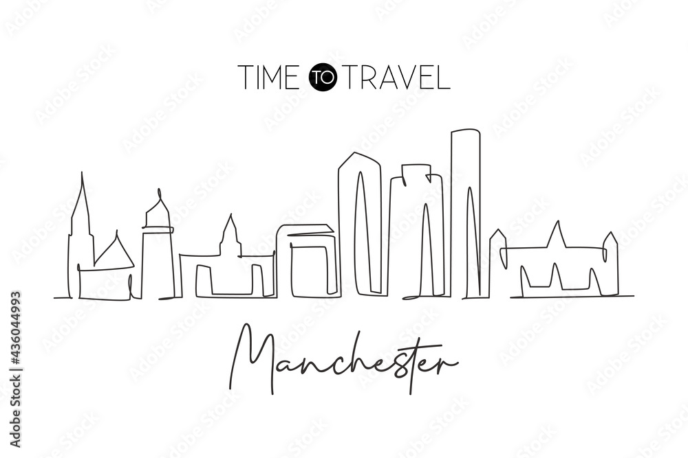 Single continuous line drawing Manchester skyline, New Hampshire. Famous city scraper landscape. World travel home wall decor art poster print concept. Modern one line draw design vector illustration