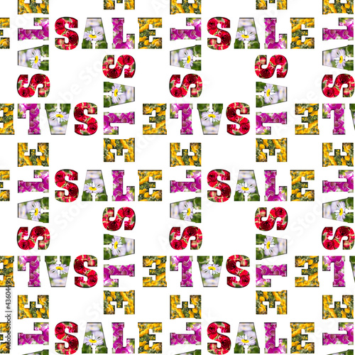 Pattern of summer words Sale on a white background. Kaleidoscope with the word Sale made from photo of summer flowers.