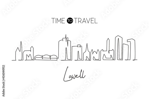Single continuous line drawing of Lowell skyline  Massachusetts. Famous city scraper landscape. World travel home wall decor art poster print concept. Modern one line draw design vector illustration