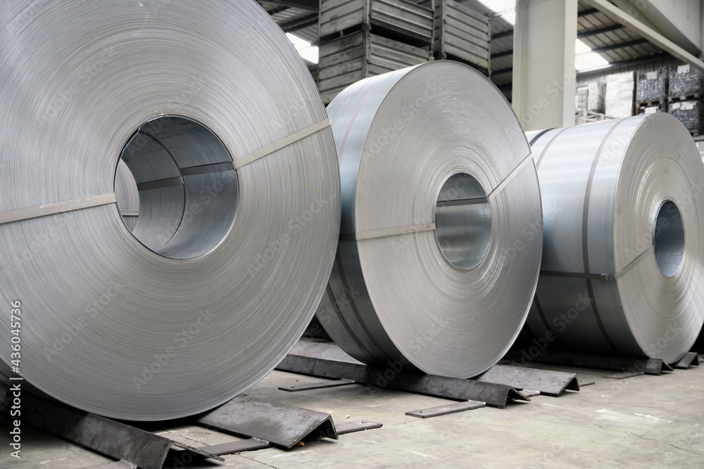 rolls of steel sheet in a plant, galvanized steel coil. High quality photo